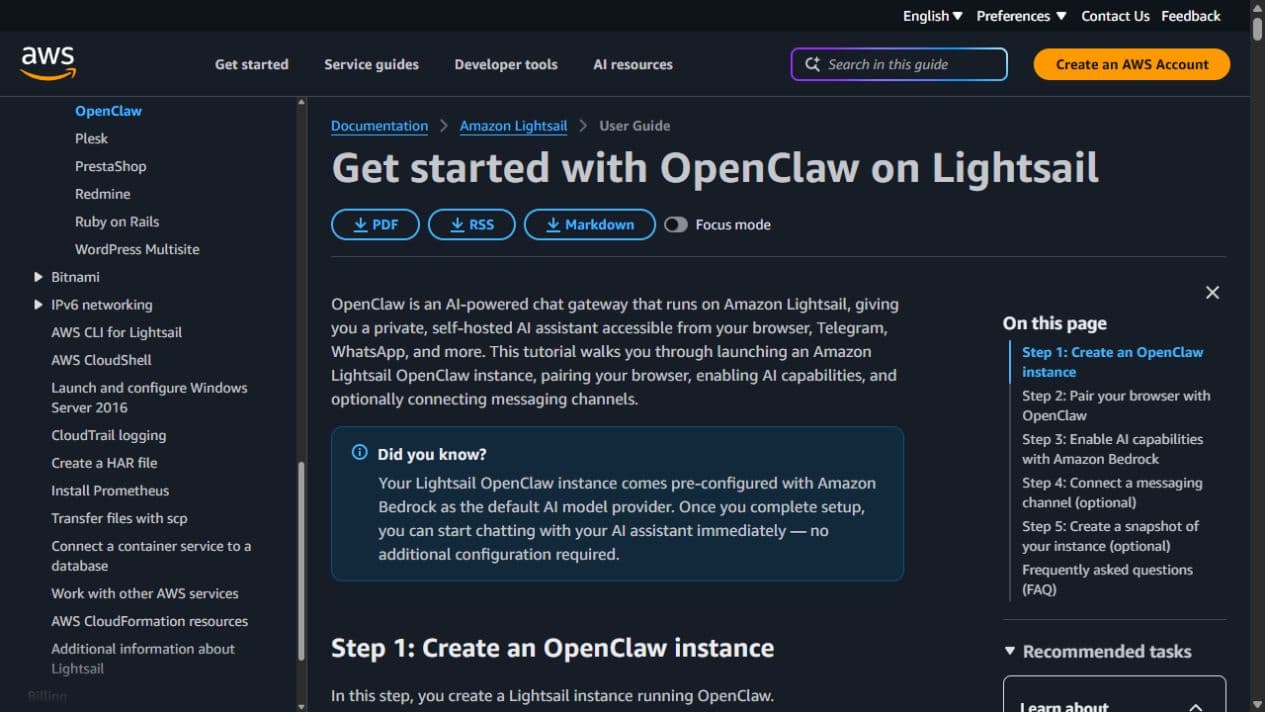 AWS Lightsail guide showing the first OpenClaw setup step and its Amazon Bedrock note.