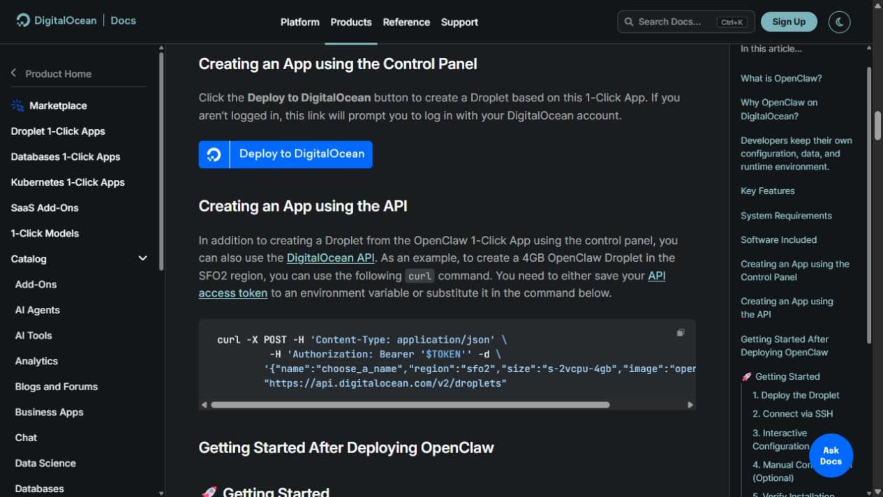 DigitalOcean OpenClaw page showing its one-click setup section.