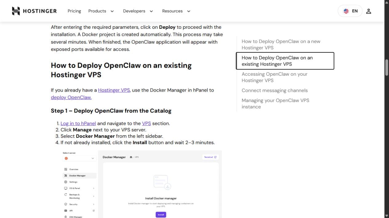 Hostinger guide showing OpenClaw setup steps in Docker Manager.