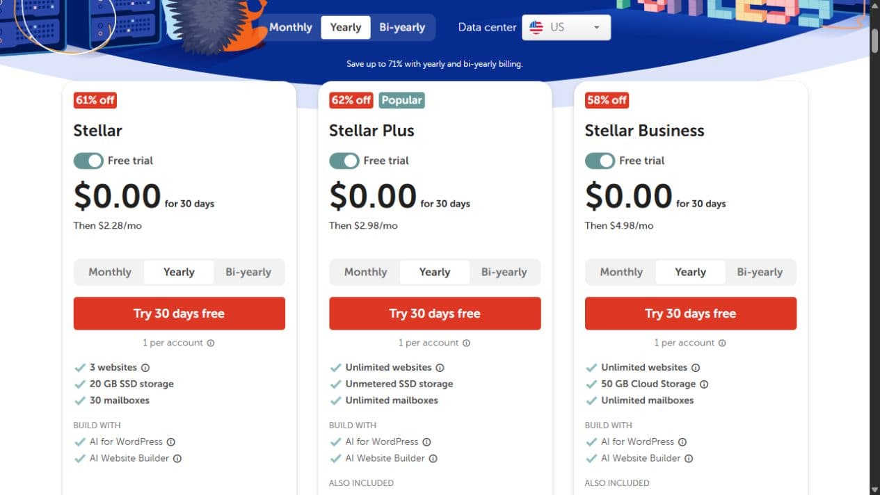 Namecheap shared-hosting page with plan cards, a 30-day trial, later monthly prices, and plan limits.