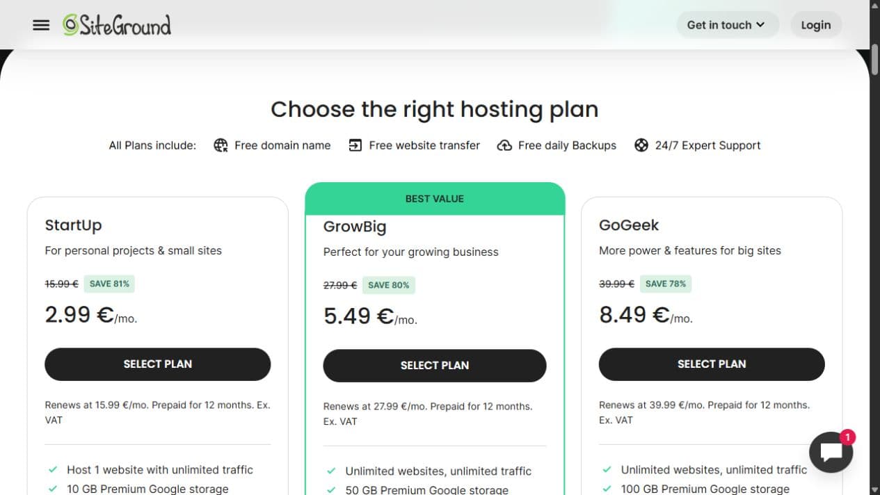 SiteGround web-hosting page with three plans, 12-month prepayment, offer prices, and renewal prices.