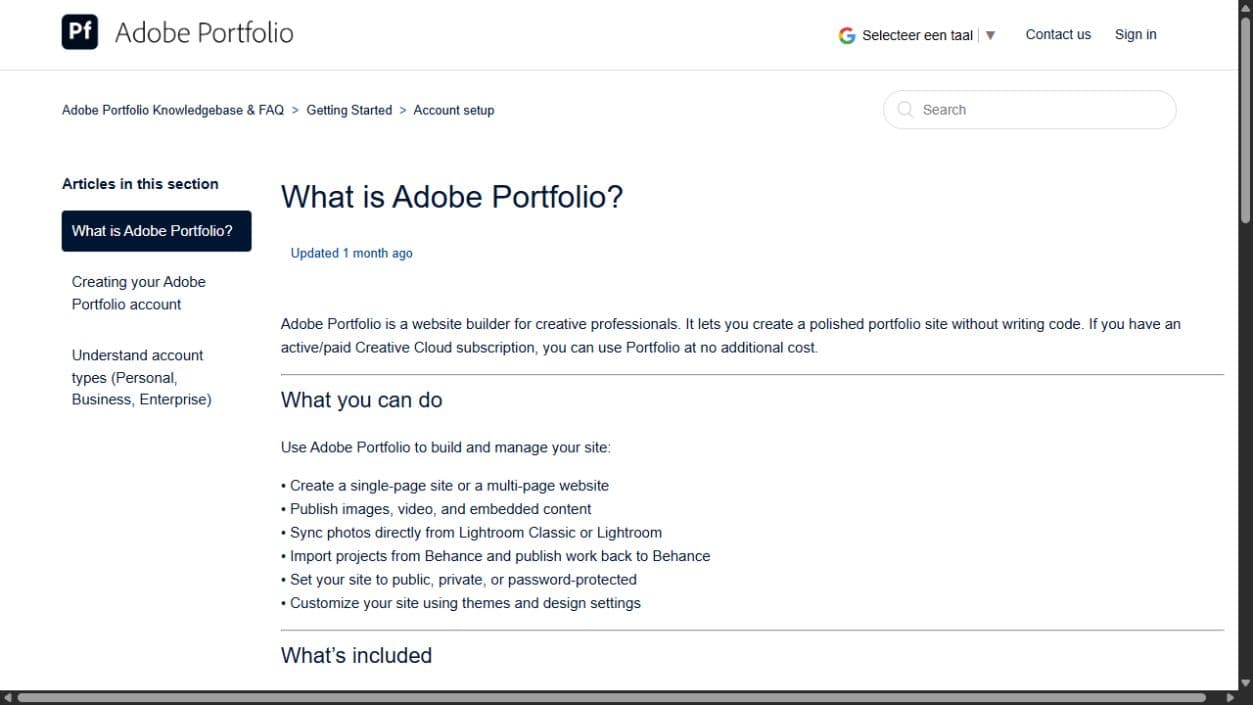 Adobe Portfolio knowledge-base page describing its portfolio builder, Creative Cloud access, Lightroom and Behance connections, and private sites.