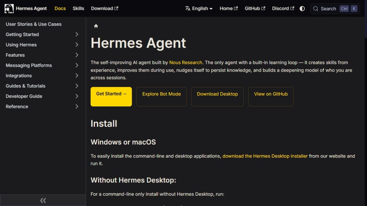 Hermes Agent guide showing the product description and setup choices.