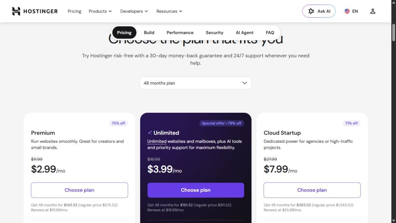 Hostinger web-hosting page showing plan terms, offer prices, and renewal prices.