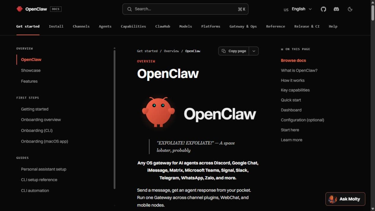 OpenClaw guide showing the Gateway overview and supported chat apps.