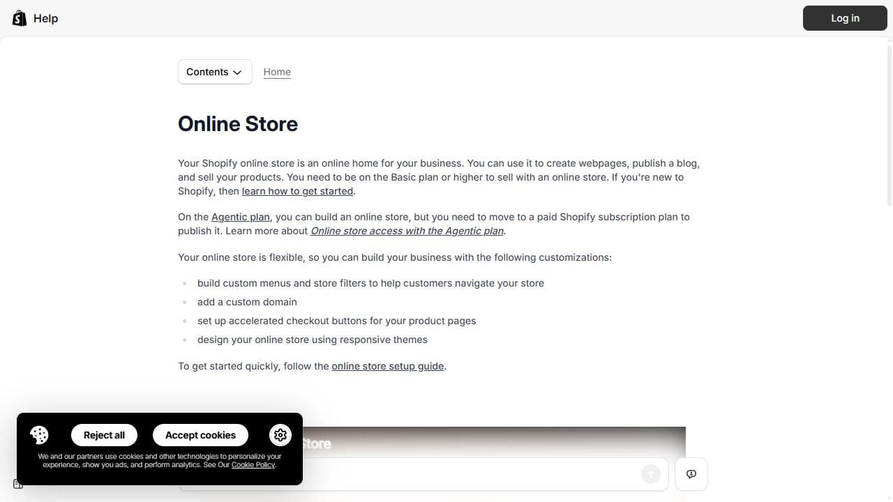 Shopify Help Center page explaining its hosted online store, pages, products, custom domains, checkout buttons, and responsive themes.