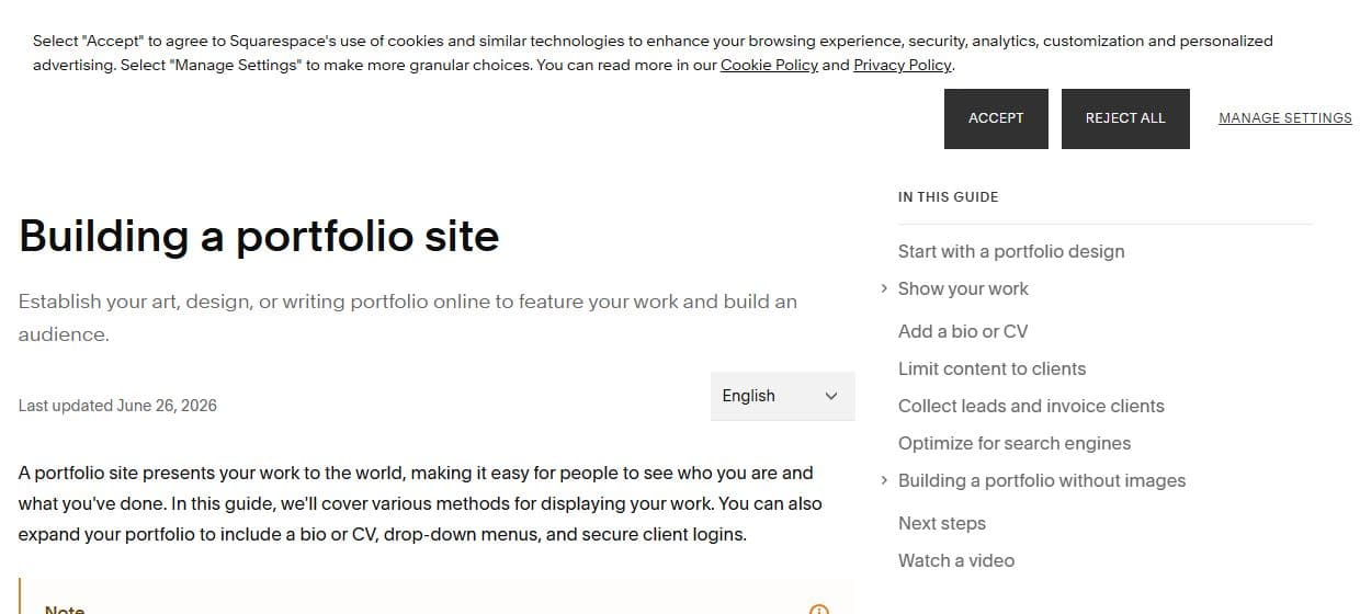 Squarespace Help Center page titled Building a portfolio site with sections for showing work, client access, leads, and search engines.