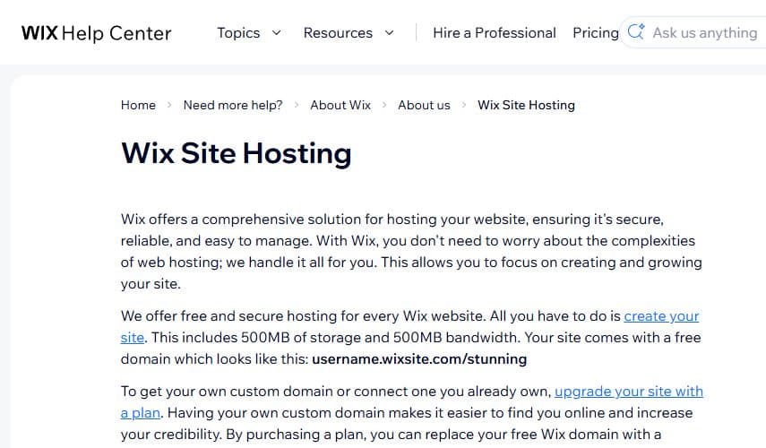 Wix Help Center page explaining that Wix includes hosting for Wix websites.