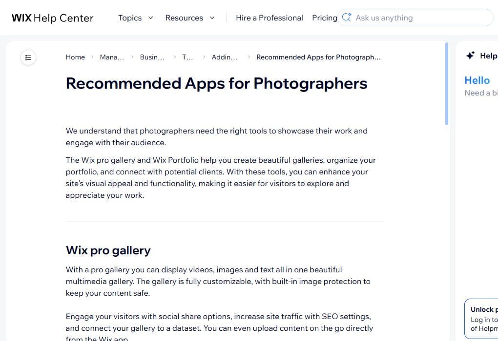 Wix Help Center page about recommended apps for photographers, including Wix Pro Gallery and Wix Portfolio.
