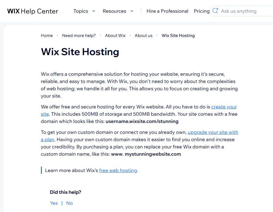 Wix Help Center page explaining that hosting is included with a Wix website and that a paid plan is needed for a custom domain.